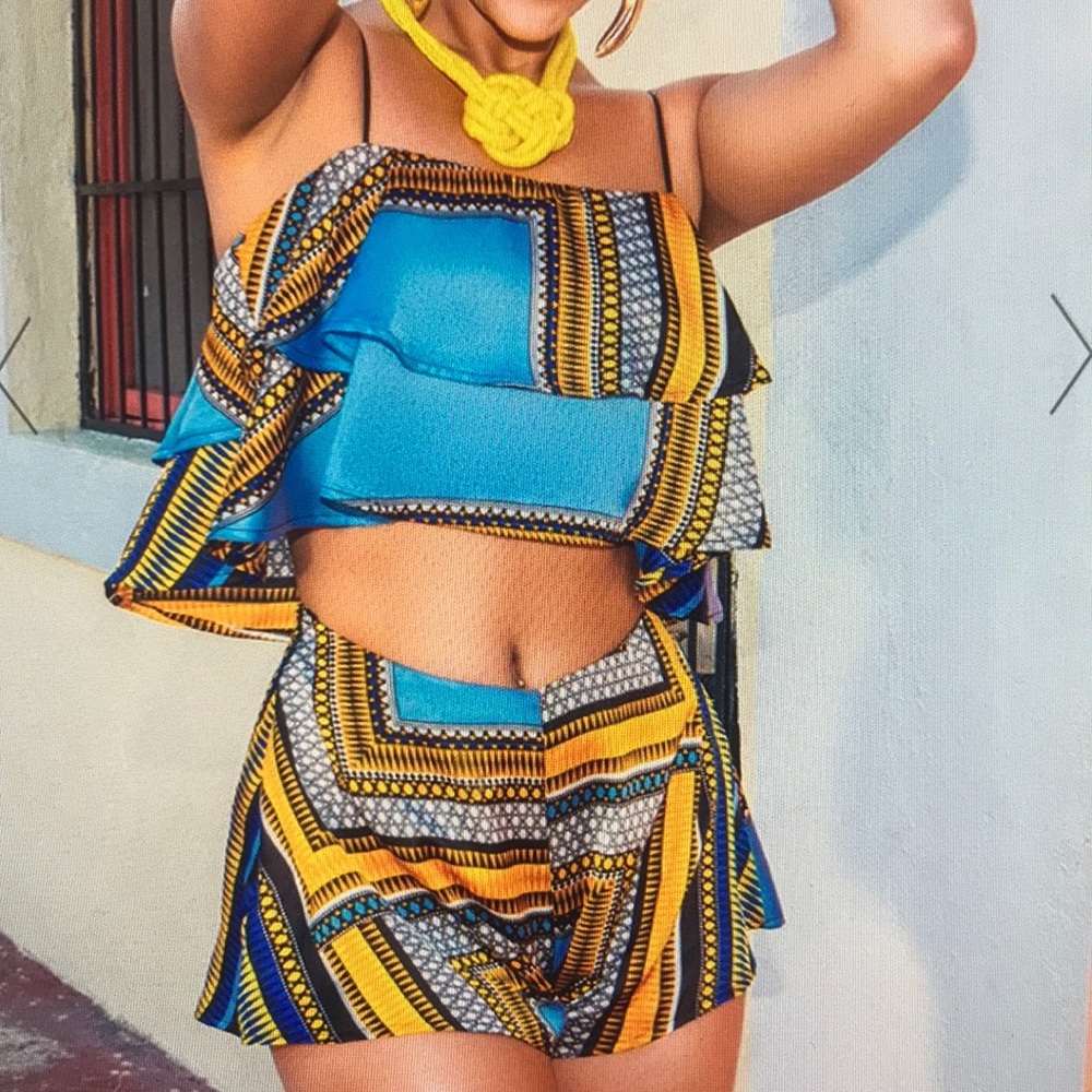 BLUE SATIN TRIBAL PRINT FRILL CAMI TOP PLT